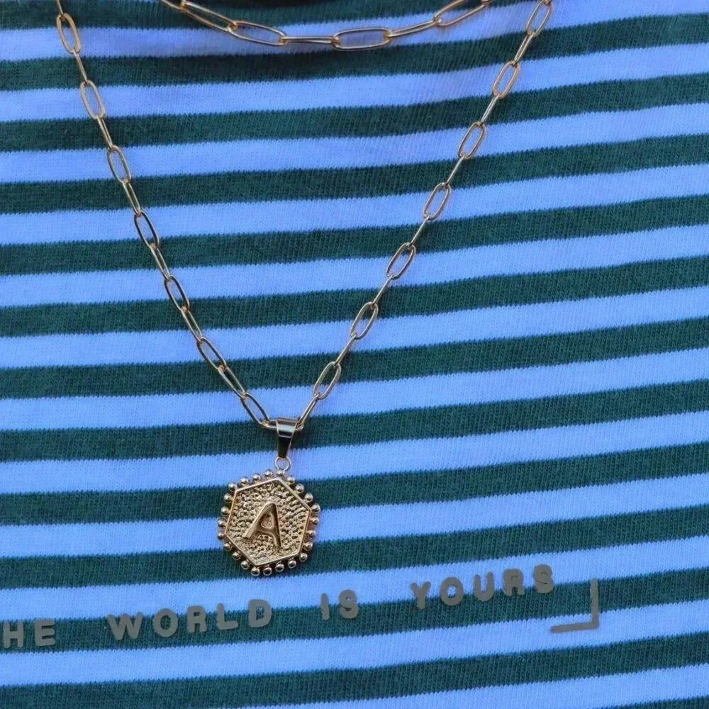 2 LAYER GOLD LETTER INITIAL COIN HEXAGONAL PENDANT  DAINTY NECKLACE, ELDM22335 - Picture 11 of 13